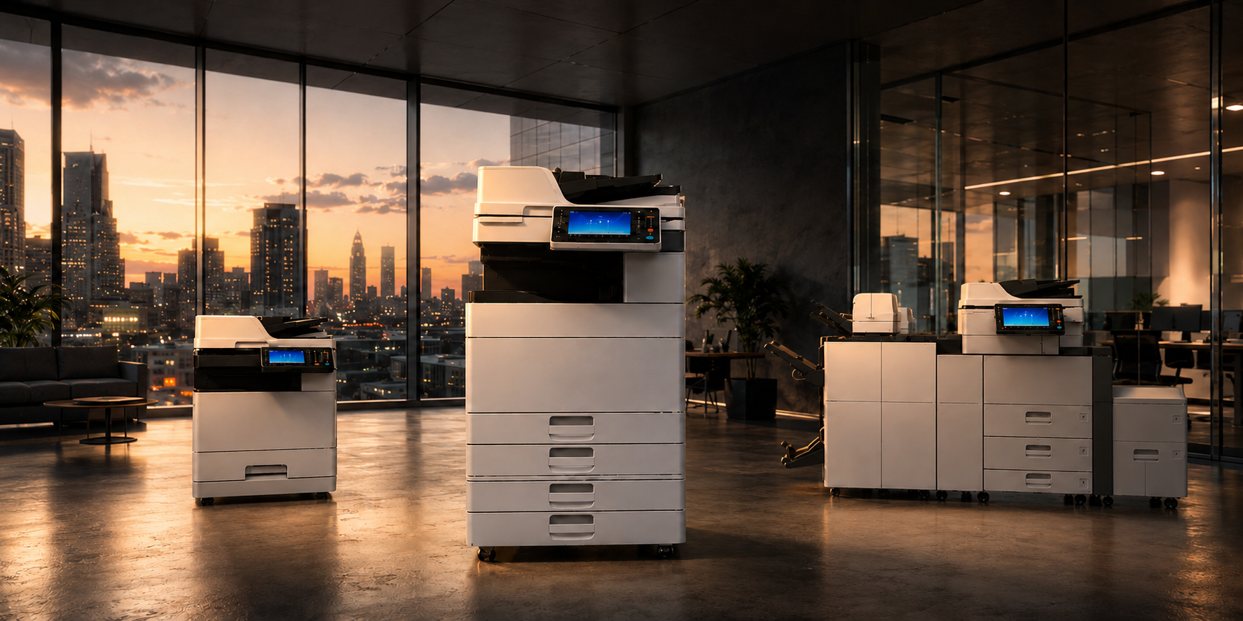 Printree copier lineup in a modern office at sunset